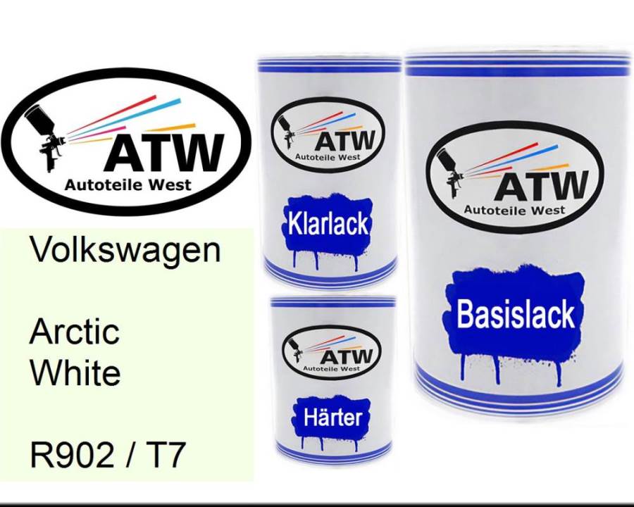 Volkswagen, Arctic White, R902 / T7: 500ml Lackdose + 500ml Klarlack + 250ml Härter - Set, von ATW Autoteile West.